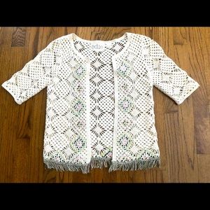 Edie Off-White Crochet Multicolor Pastel Fringe Placket Design Sweater Jacket XS